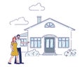 Couple buy house. Real estate mortgage concept. Cartoon man and woman standing outside new home Royalty Free Stock Photo