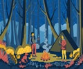 Couple camping in forest with dog and tent. Man and woman drinking coffee near campfire in the night.