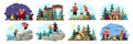 Couple camping illustration set. Man and woman traveling in mountains and forest with backpacks. Tourist outdoor scenes Royalty Free Stock Photo