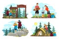 Couple camping illustration set. Man and woman traveling in mountains and forest with backpacks. Tourist outdoor scenes Royalty Free Stock Photo