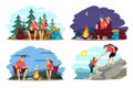 Couple camping illustration set. Man and woman traveling in mountains and forest with backpacks. Tourist outdoor scenes Royalty Free Stock Photo