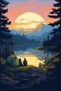 couple at camping by lake in summer AI generated Royalty Free Stock Photo