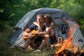 Couple camping near forest background. Nature and lifestyle concept. Romantic lovers at countryside on fire. Carefree Royalty Free Stock Photo