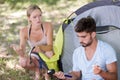 Couple camping with tent Royalty Free Stock Photo