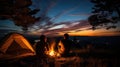 Couple camping under the stars with a cozy campfire.