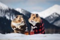 A couple of canadian hamsters standing next to each other in the snow. AI generative image.