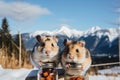 A couple of canadian hamsters standing next to each other in the snow. Generative AI image.