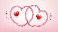 Couple candy striped hearts crossed decorative with heart balloons on pink background.