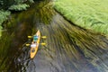 Couple canoeing small slow river in Poland