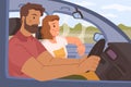 Couple in car, man driving automobile, family trip