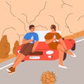 Couple during car travel on summer holiday. Stopover after road trip. Man and woman tourists stop to drink water, relax