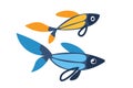 Couple of cartoon fish. Marine swimming animals pair for kids illustration. Underwater coral reef tropical fauna. Ocean