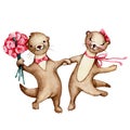 A couple of cartoon otters in love fight for hands and dance. Watercolor hand drawn illustration isolated on white Royalty Free Stock Photo