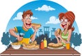 Couple of cartoon people eating junk food. Royalty Free Stock Photo