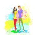Couple casual clothes over colorful paint splash