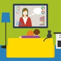 Couple and cat watching sci-fi broadcast on television. flat style