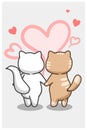 Couple cats fall in love in valentine day cartoon illustration