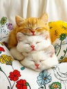 A couple of cats laying on top of each other on a pillow