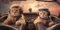 A couple of cats sitting in the cockpit of a plane. Generative AI image.
