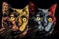 a couple of cats that are sitting next to each other on a black background with a yellow and orange eyeball in the middle of the