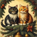 A couple of cats sitting on top of a christmas tree. Beautiful picture of cute cats.