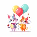 a couple of cats standing next to each other with balloons in the air above them and a cat holding the strings of the balloons in Royalty Free Stock Photo