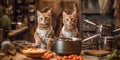 A couple of cats standing next to each other in a kitchen. Generative AI image. Royalty Free Stock Photo