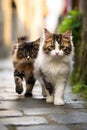 A couple of cats walking down a sidewalk