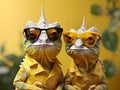 Couple of chameleons with yellow glasses on a yellow background, cute funny chameleon portrait, generative ai