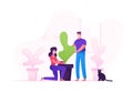 Couple Characters in Medical Mask Care of Houseplants. Man and Woman Cultivating Potted Plant at Home Enjoying Gardening