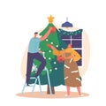 Couple Characters Preparing for New Year and Xmas Celebration. Happy Man and Woman Decorating Christmas Tree Royalty Free Stock Photo