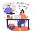 Couple chatting online during pandemic. Man and woman flirting online on dating site. Virtual dating concept. Vector flat