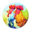 Couple chicken chinese new year flower wreath celebration watercolor painting Royalty Free Stock Photo