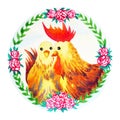 Couple chicken chinese new year flower wreath celebration watercolor painting Royalty Free Stock Photo