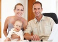 Couple, child and portrait with home, family love and smile or happiness for domestic planning. Father, mother and kid Royalty Free Stock Photo