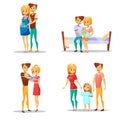 Couple and child vector illustration of cartoon happy family parents with kid, pregnant woman and father with toddler Royalty Free Stock Photo