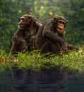 Couple chimpanzee sitting and relax