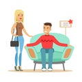 Couple Choosing Armchair For Living Room, Smiling Shopper In Furniture Shop Shopping For House Decor Elements