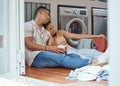 Couple, chores and laundry while doing home cleaning wile feeling tired and relaxing together. Loving boyfriend and