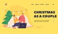 Couple Christmas Holidays Landing Page Template. Young Loving People Sitting on Floor Drink Tea, Watch Movie on Laptop
