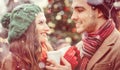 couple on christmas market drinking hot spiced wine Royalty Free Stock Photo