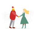 Couple, city street walkers, man and woman. Girl and guy in casual clothes walking, male and female characters. City Royalty Free Stock Photo