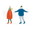 Couple, city street walkers, man and woman. Girl and guy in casual clothes walking, male and female characters. City