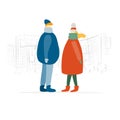 Couple, city street walkers, man and woman. Girl and guy in casual clothes walking, male and female characters. City