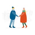 Couple, city street walkers, man and woman. Girl and guy in casual clothes walking, male and female characters. City