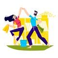 Couple cleaning house and dancing. Funny man and woman have fun doing housework together Royalty Free Stock Photo