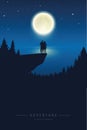 Couple on a cliff by the lake with full moon in a starry night Royalty Free Stock Photo