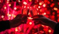 Couple clinking glasses of champagne on red background. AI generated.