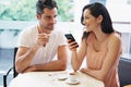 Couple, coffee shop and woman with cellphone for texting on date together, espresso or social media. Man, female person