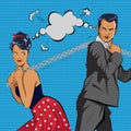 Couple competes. The man and woman pulls chain. Vector illustration.